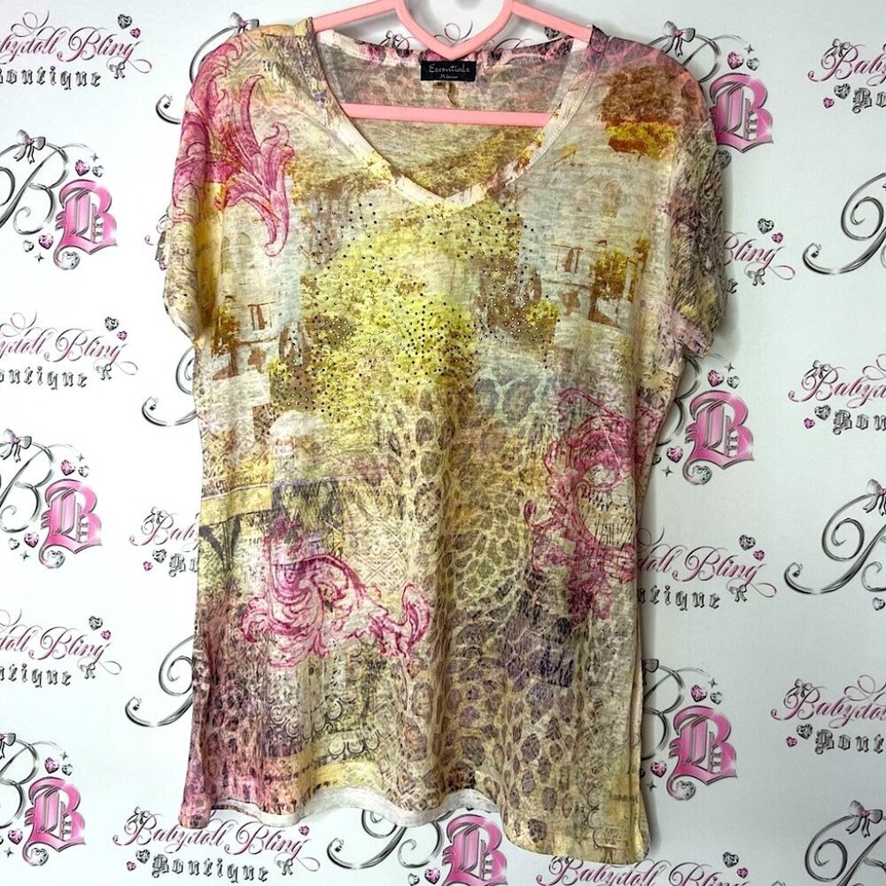 Essentials Milano tshirt cheetah print floral light weight flower rhinestone Top